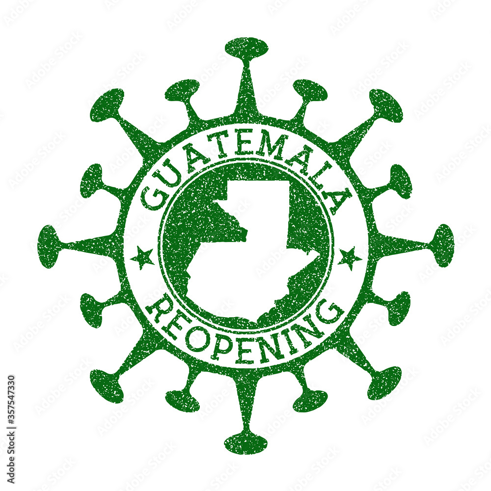 Guatemala Reopening Stamp. Green round badge of country with map of Guatemala. Country opening after lockdown. Vector illustration.