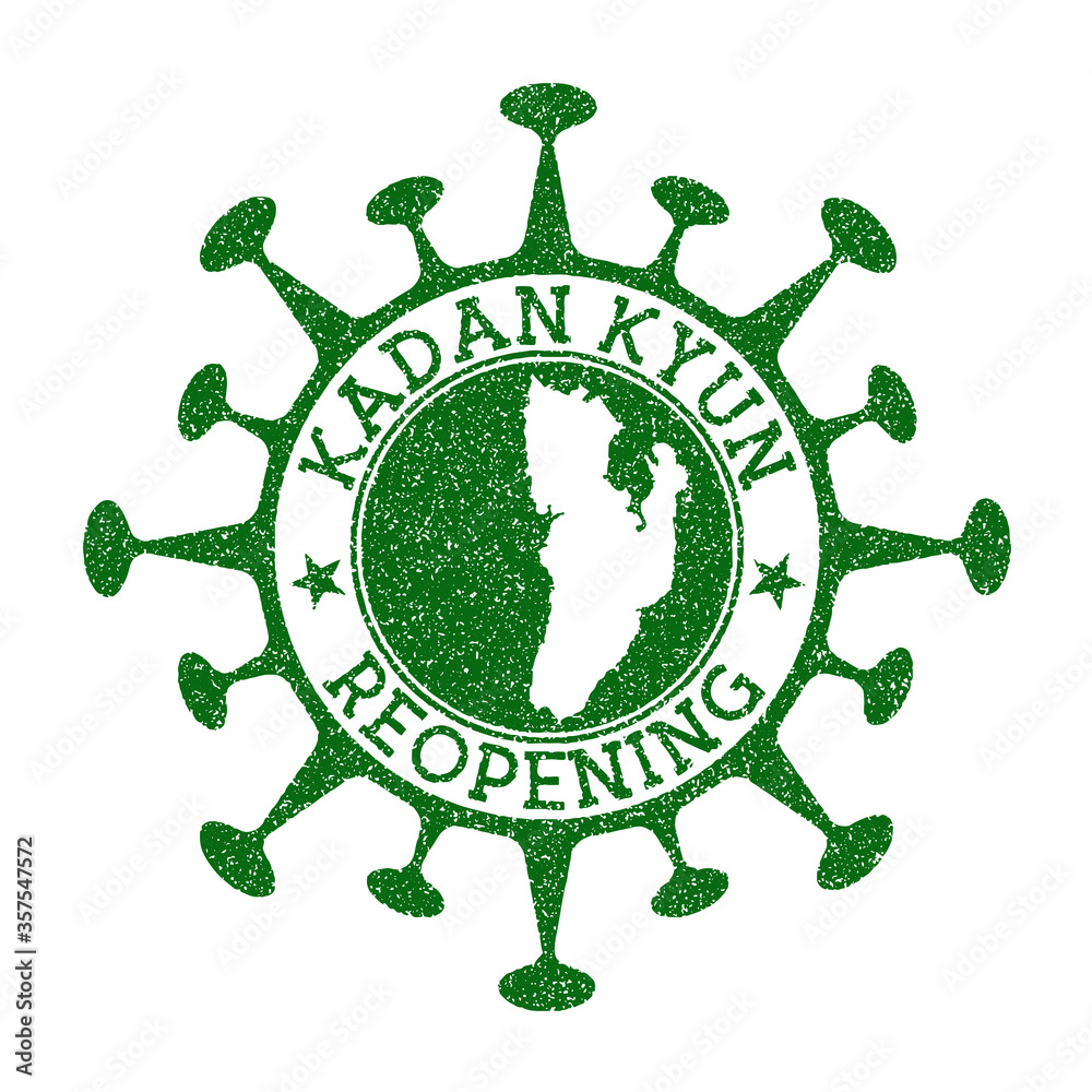 Kadan Kyun Reopening Stamp. Green round badge of island with map of Kadan Kyun. Island opening after lockdown. Vector illustration. Kadan Kyun Reopening Stamp. Green round badge of island with map of Kadan Kyun. Island opening after lockdown. Vector illustration.