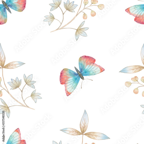 Watercolor butterflies and leaves. Seamless botanical pattern painted in watercolor on a white background. Delicate ornament of butterflies and leaves for wallpaper and wrapping paper.