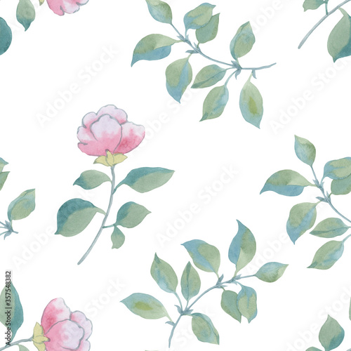 Floral spring seamless pattern, vintage flowers bouquet, twigs and leaves, botanical watercolor illustration.