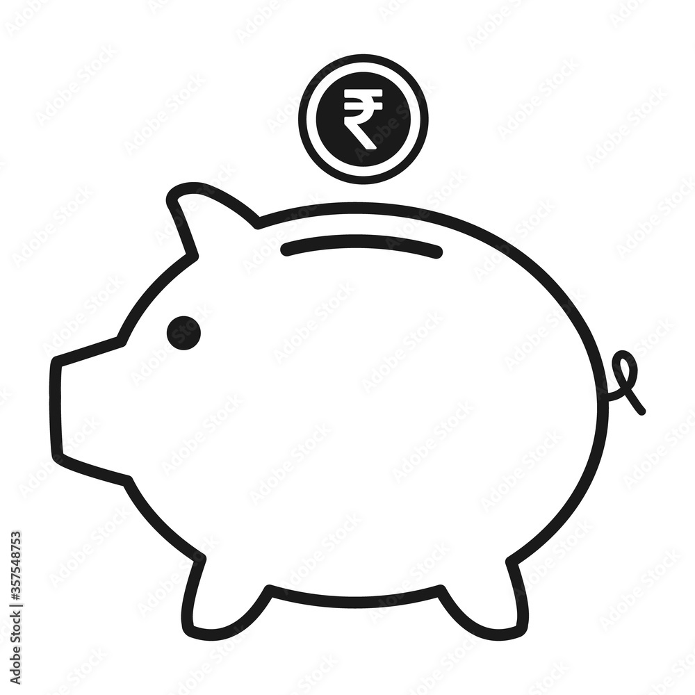 Piggy bank flat icon vector with rupee symbol. Money income Piggy bank flat icon vector with rupee symbol. Money income