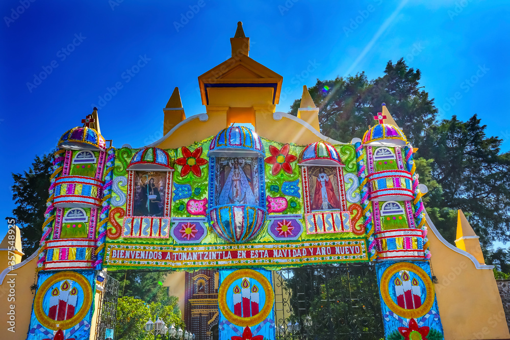 Fototapeta premium Colorful Christmas Gate Church Santa Maria Tonantzinta Cholula Mexico