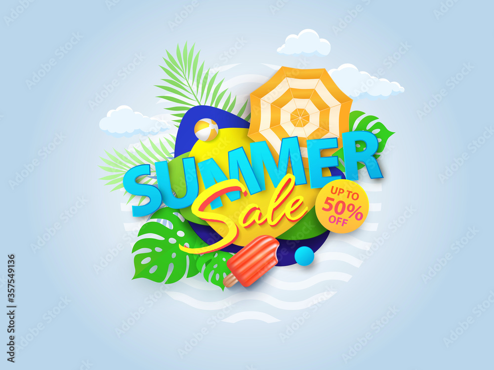 Summer Sale banner, hot season discount poster with liquid gradient shapes, tropical leaves, ice cream, umbrella, ball and clouds. Graphic design for special offer for advertisement, social media, web