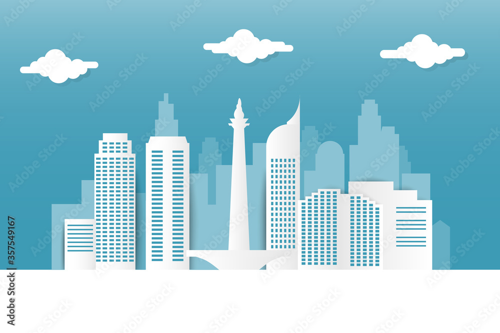 Jakarta City skyline - Jakarta cityscape vector illustration in paper cut design. Jakarta landmark as Indonesia capital