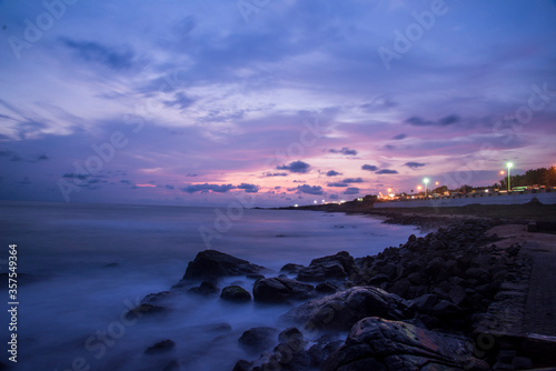 Long-exposure shot of coast of Kanyakumari during evening.