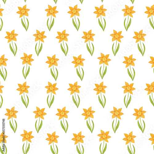 Watercolor seamless pattern of daffodils on a white background.