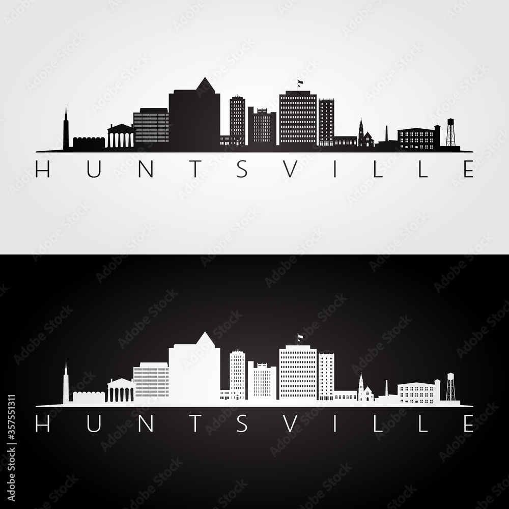 Huntsville, Alabama skyline and landmarks silhouette, black and white design, vector illustration.