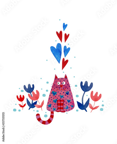 Watercolor decorative composition of a pink cat and flowers on a white background.