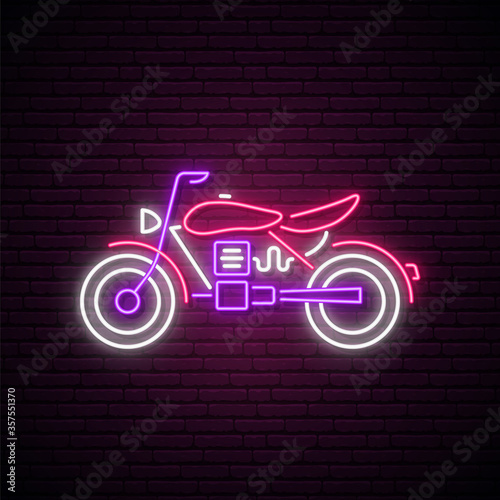 Neon motorcycle sign. Bright neon motorcycle emblem on dark brick background. Vector illustration.