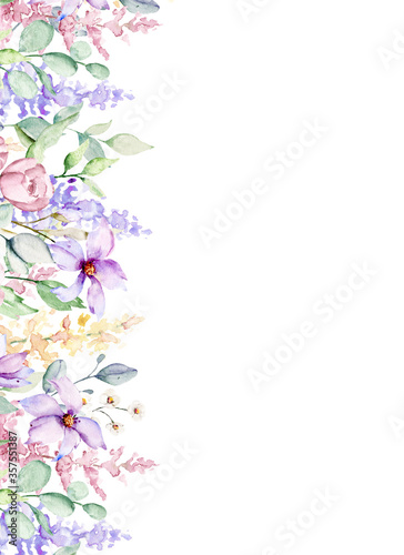 Birthday background. Watercolor flower border. Greeting card template.