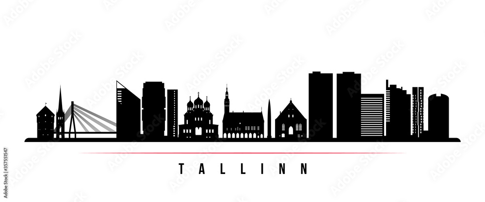 Tallinn skyline horizontal banner. Black and white silhouette of Tallinn, Estonia. Vector template for your design.