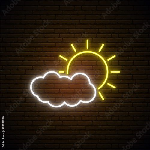 Neon weather sign. Bright glowing sun and cloud icon on dark brick background. Vector illustration.