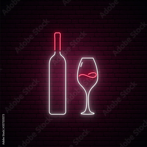 Neon wine sign. Bright glowing wine bottle and glass isolated on dark brick background. Neon signboard. Vector illustration.