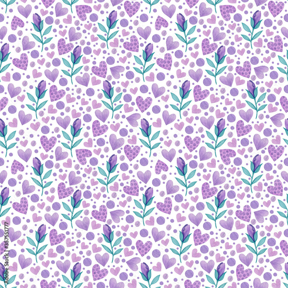 Watercolor seamless pattern of violets, branches, hearts on a white background.