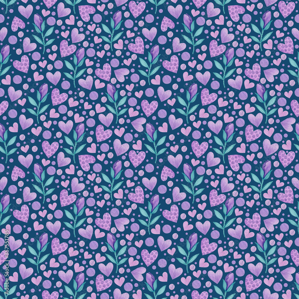 Watercolor seamless pattern of violets, branches, hearts on a blue background. Watercolor seamless pattern of violets, branches, hearts on a blue background.