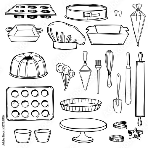 Hand drawn bakery utensils. Baking kit. Kitchen tools. Vector sketch illustration