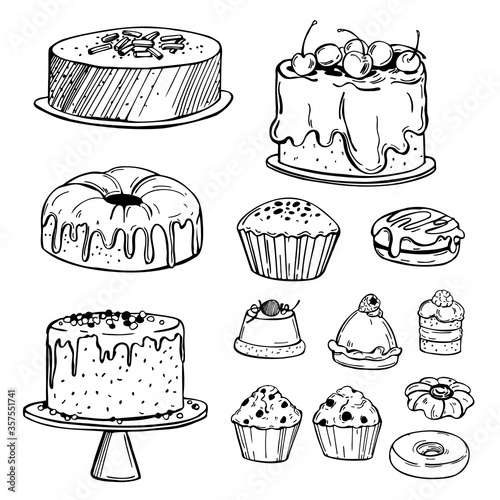 Hand drawn bakery products. Cookies, cakes, muffins. Vector sketch  illustration.