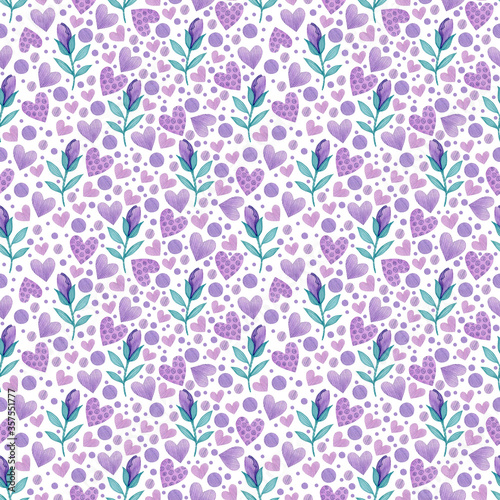 Watercolor seamless pattern of violets, branches, hearts on a white background.