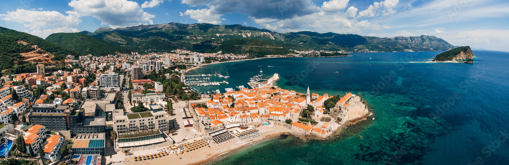 Old city of Budva, aerial panorama from a drone.