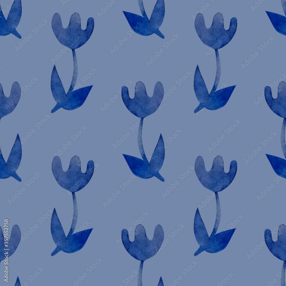 Watercolor seamless pattern of decorative flowers on a blue background.