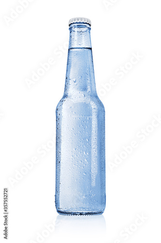 Blue glass bottle with water without label isolated on white.