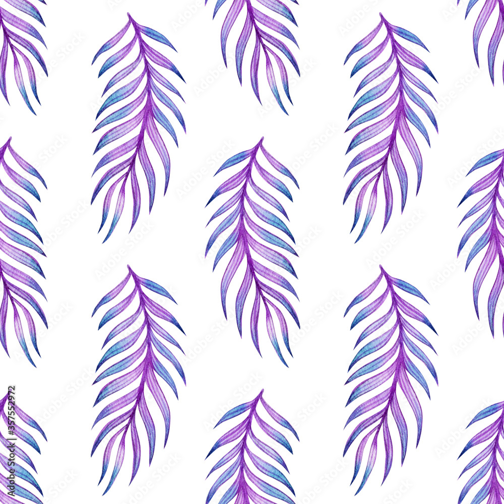 Watercolor seamless pattern of tropical branches on a white background.
