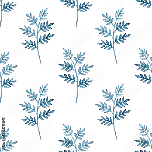 Watercolor seamless pattern of branches on a white background.