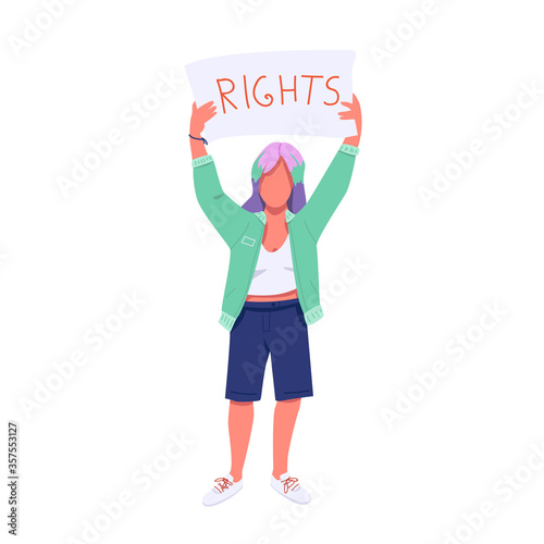 Female protester with placard flat color vector faceless character