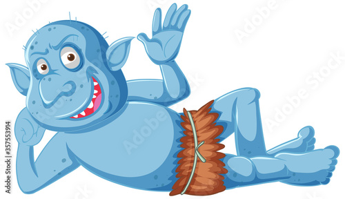 Blue goblin or troll smile while lying down in cartoon character isolated