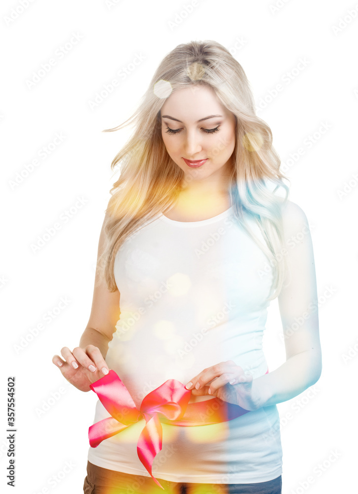 young pregnant woman with pink ribbon white background, double multiple exposure effect,combined images young pregnant woman with pink ribbon white background, double multiple exposure effect,combined images