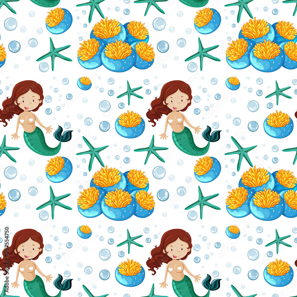 Seamless mermaid and sea animal cartoon style Seamless mermaid and sea animal cartoon style