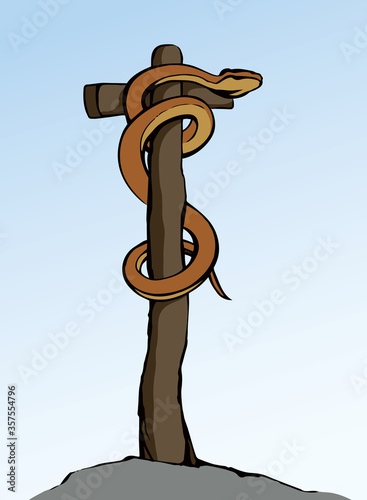 The serpent on the pole. Vector drawing