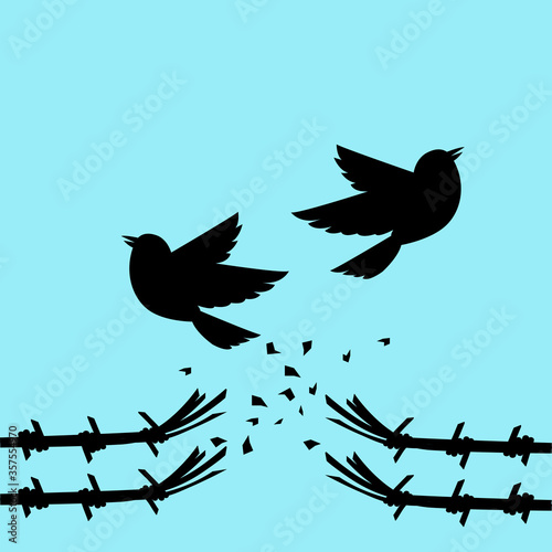 birds flying over broken barbed wire Freedom concept Vector illustration.