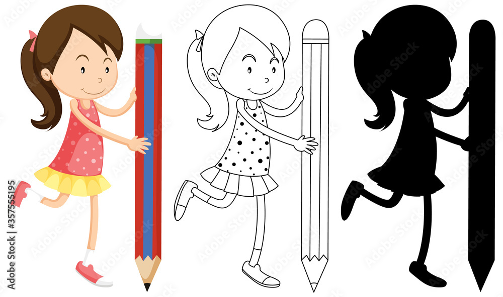 Girl holding pencil with its outline and silhouette Girl holding pencil with its outline and silhouette