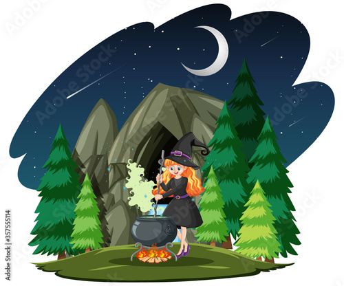 Witch with black magic pot cartoon style on dark forest background