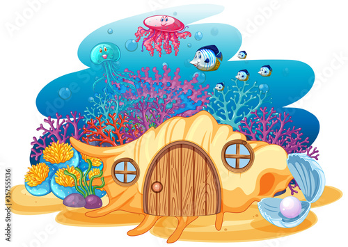 Shell house and sealife in underwater cartoon style on white background photo