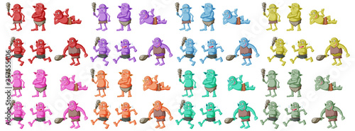 Set of colorful goblin or troll in different poses in cartoon character isolated photo