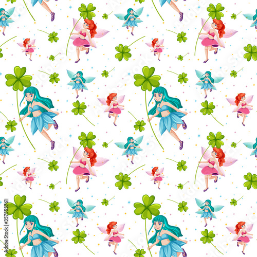 Seamless fairy tales and lucky clover cartoon style on white background