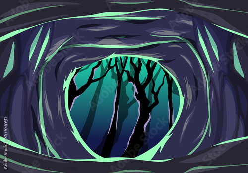 Dark cave with some dark tree cartoon style scene