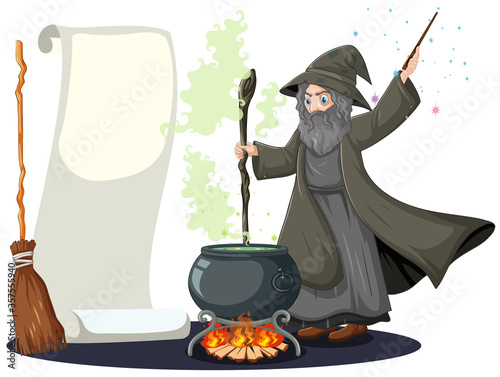 Old wizard with black magic pot and broomstick and blank banner paper cartoon st Fototapet