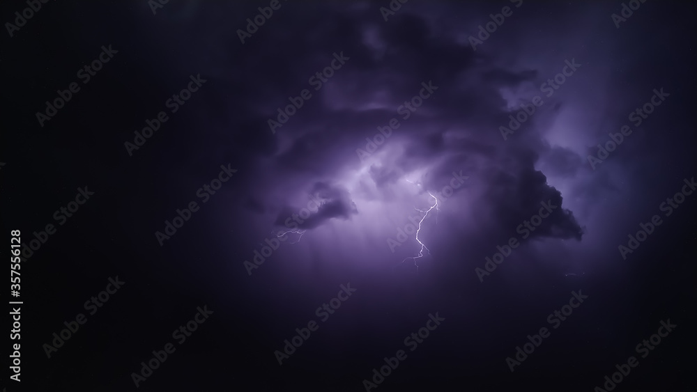 Thunderbolt in cloudscape, extreme weather, black clouds and lighting in the night