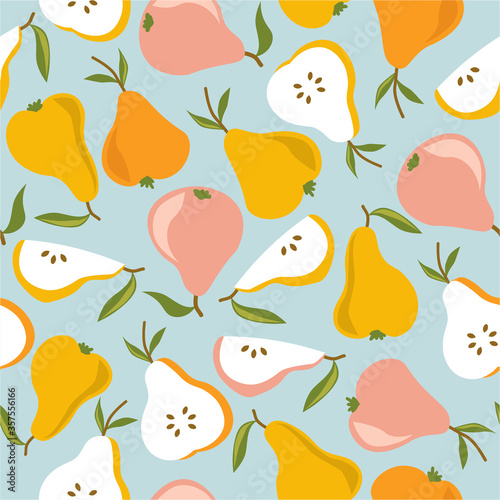 Pears and leaves background. Hand drawn overlapping backdrop. Colorful wallpaper vector. Seamless pattern with fruits. Decorative illustration, good for printing. Design poster