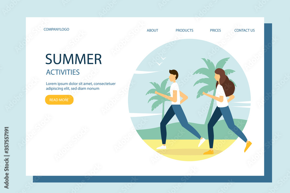 Woman and man running on the beach. The concept of an active lifestyle, outdoor recreation. Cute summer illustration in flat style. Woman and man running on the beach. The concept of an active lifestyle, outdoor recreation. Cute summer illustration in flat style.