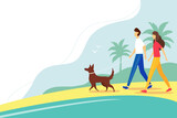 Woman and man walking with the dog on the beach. The concept of an active lifestyle, outdoor recreation. Cute summer illustration in flat style. 