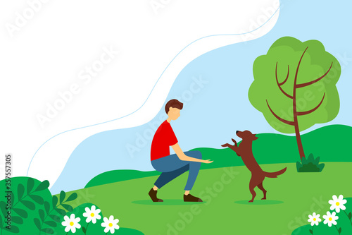 Man playing with a dog in the Park. Concept illustration of outdoor recreation. Summer vector illustration in flat style.
