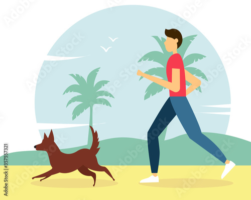 Man running with the dog on the beach. Cute vector illustration in flat style.  