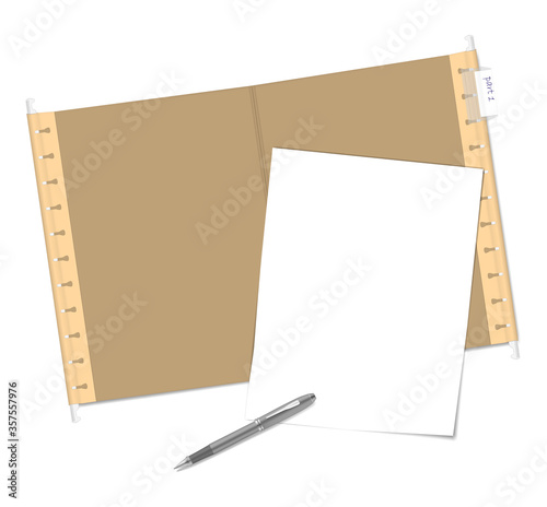 Open hanging folder with plastic tab and label insert, paper sheet and pen, vector illustration. Office stationery. Vector mock-up