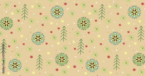 Christmas or New Year colored pattern with snowflakes and Christmas trees on beige background, for winter holidays design. Loop animation 4K