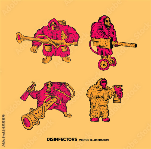 Exterminator and disinfectors. Cartoon vector illustration