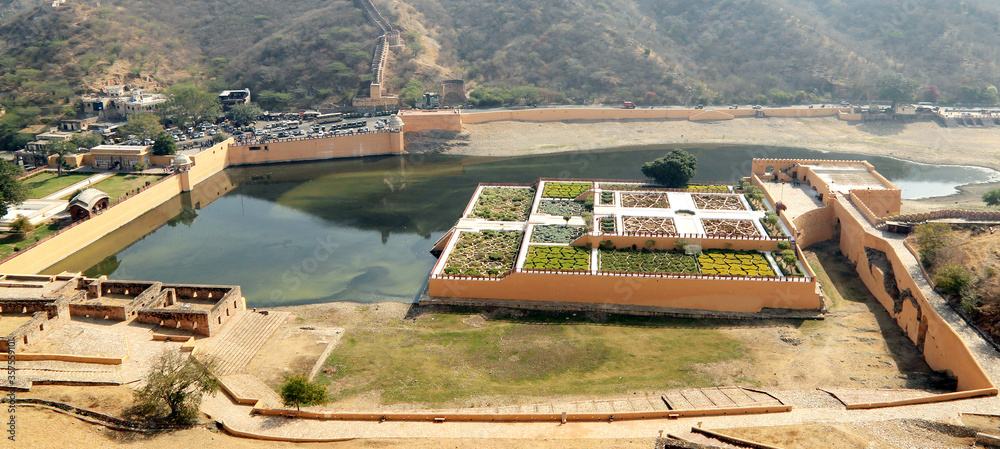 Jaipur,Rajasthan,India - February,2018. The attractive view of Maota lake and the garden (Saffron Garden). The lake part of amer fort.